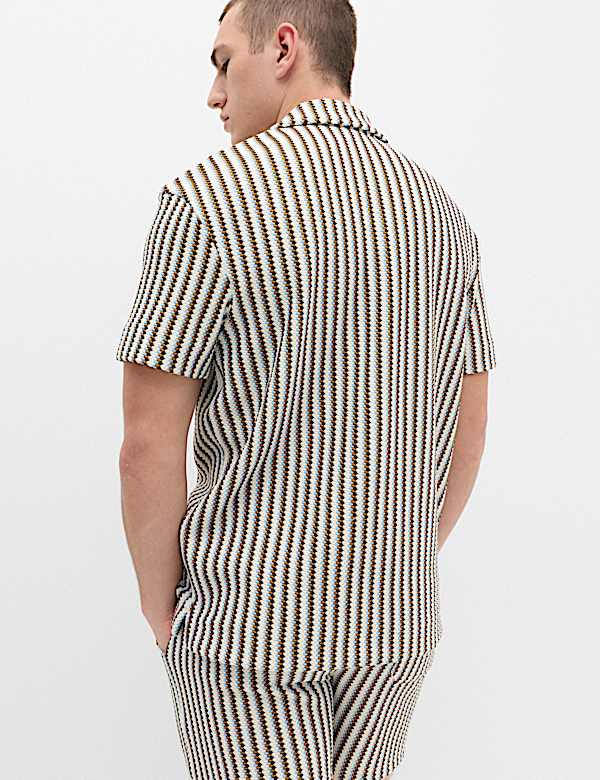 Cotton Blend Textured Striped Short Sleeve Shirt - DK