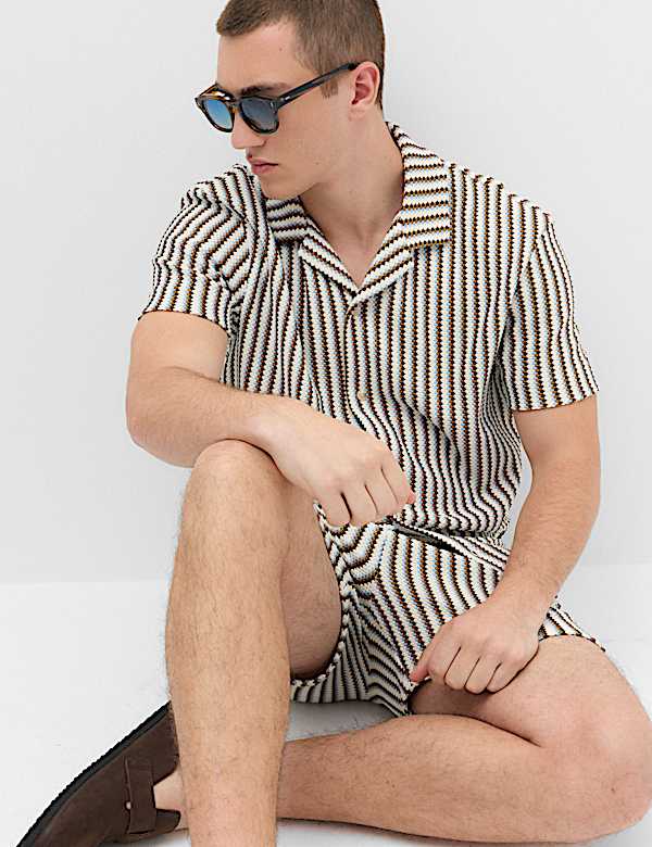 Cotton Blend Textured Striped Short Sleeve Shirt - DK