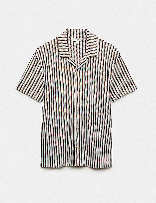 Cotton Blend Textured Striped Short Sleeve Shirt - DK