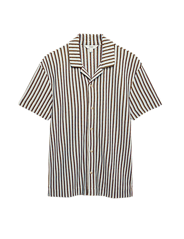 Cotton Blend Textured Striped Short Sleeve Shirt