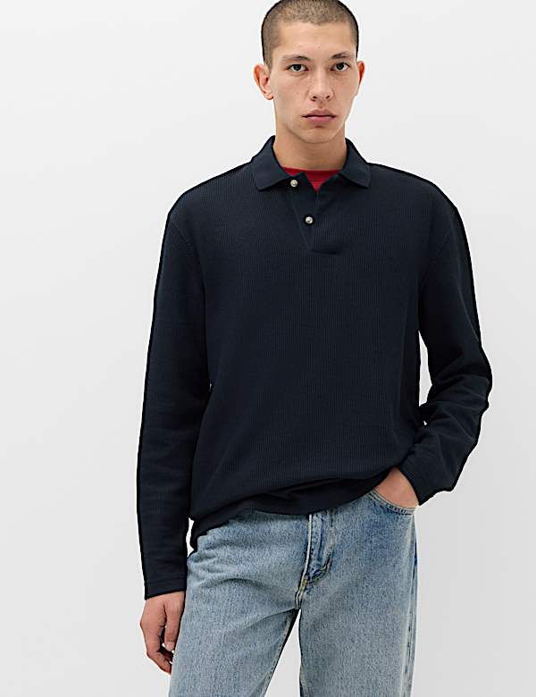 Cotton Blend Ribbed Long Sleeve Polo Shirt