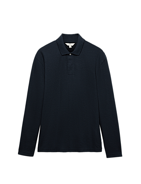 Cotton Blend Ribbed Long Sleeve Polo Shirt