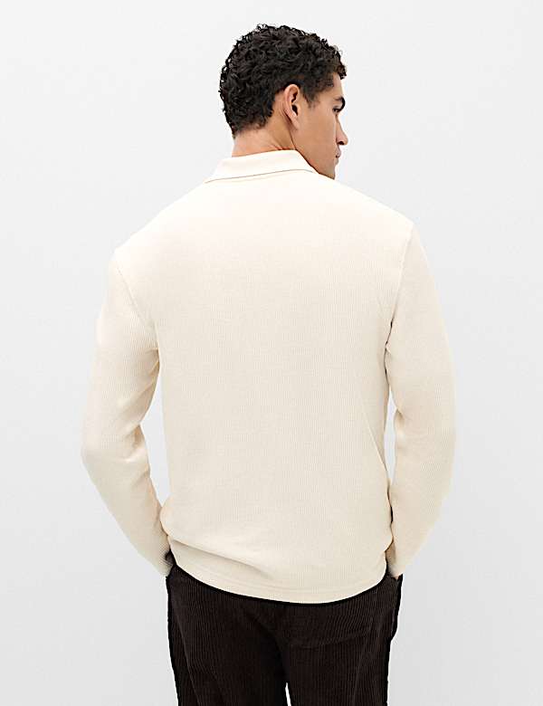 Cotton Blend Ribbed Long Sleeve Polo Shirt - GR