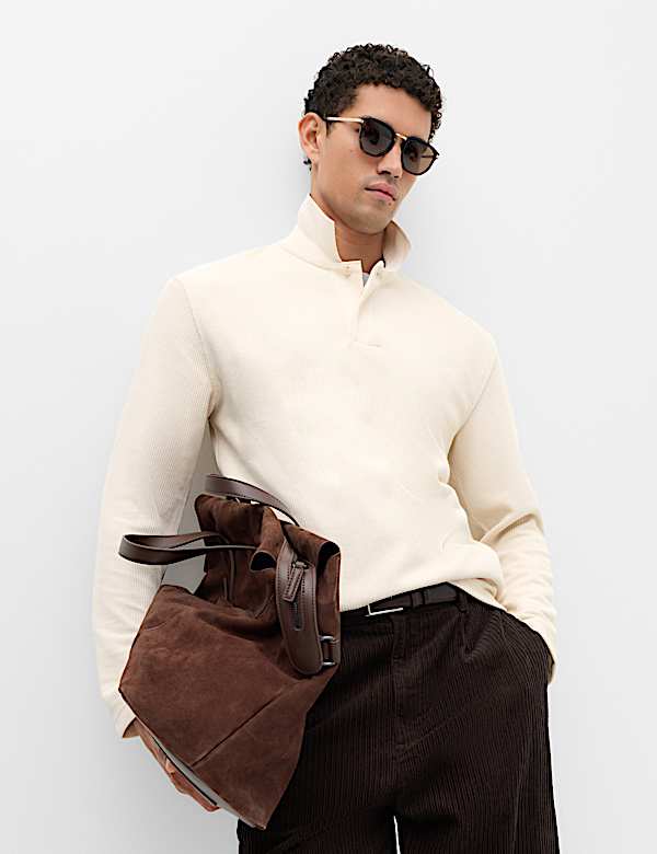 Cotton Blend Ribbed Long Sleeve Polo Shirt - GR