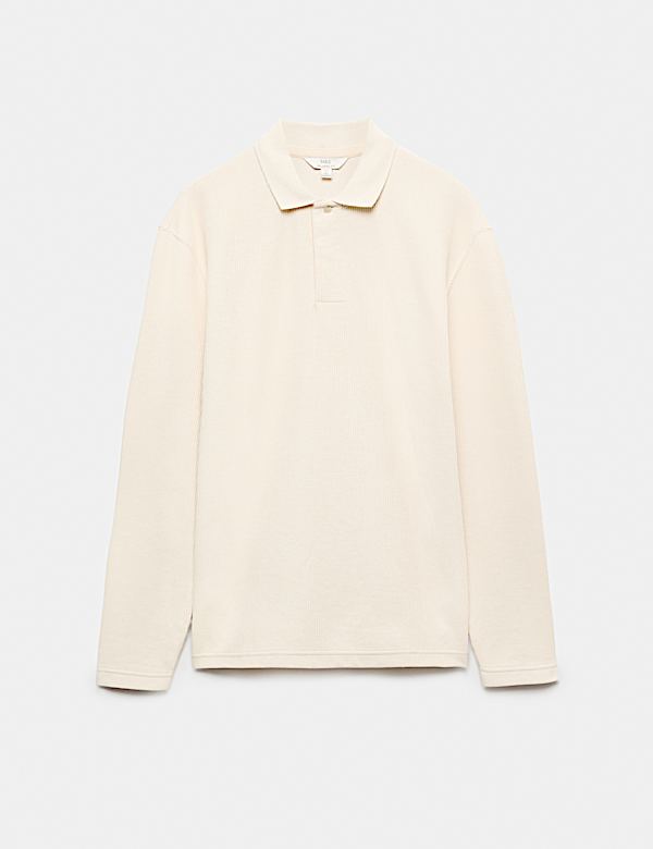 Cotton Blend Ribbed Long Sleeve Polo Shirt - GR