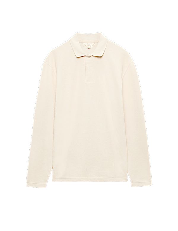 Cotton Blend Ribbed Long Sleeve Polo Shirt
