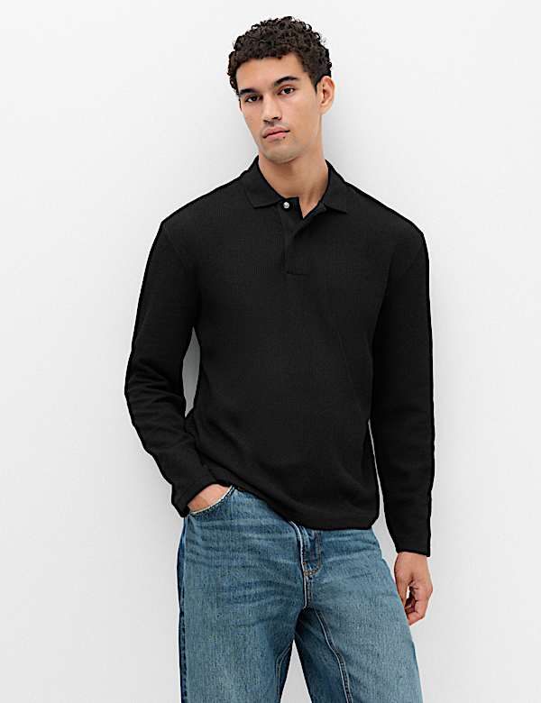 Cotton Blend Ribbed Long Sleeve Polo Shirt