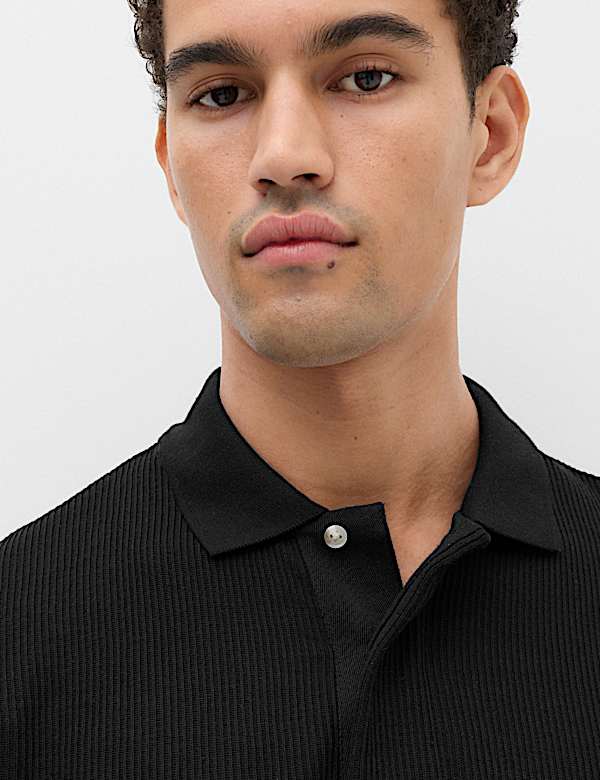 Cotton Blend Ribbed Long Sleeve Polo Shirt