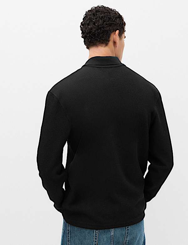 Cotton Blend Ribbed Long Sleeve Polo Shirt