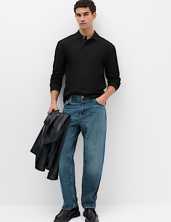 Cotton Blend Ribbed Long Sleeve Polo Shirt