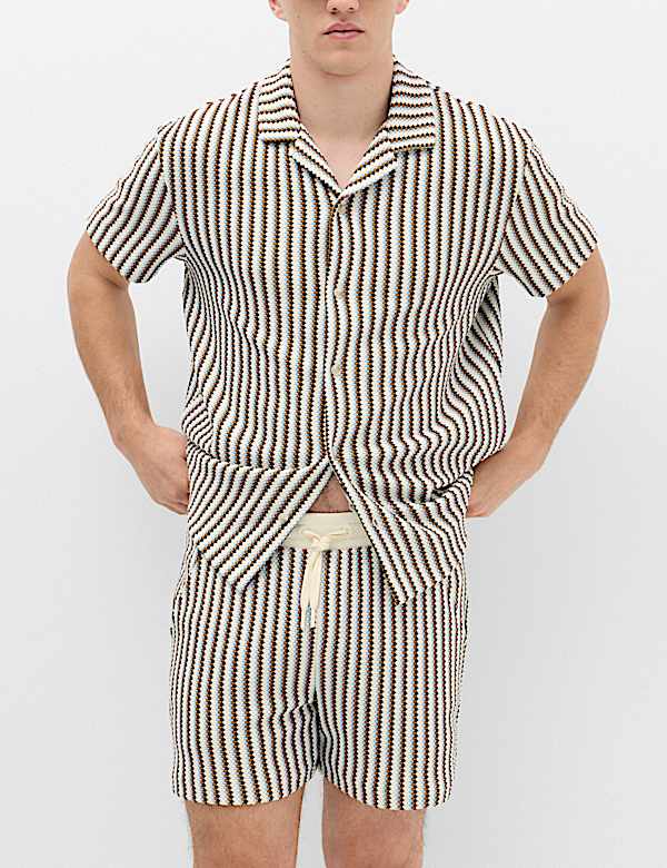 Striped Knit Textured Cotton Blend Shorts