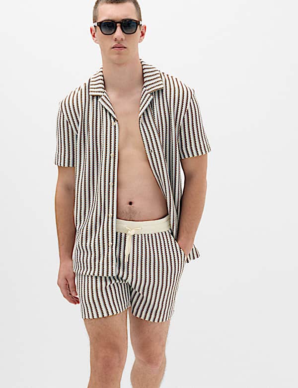 Striped Knit Textured Cotton Blend Shorts - CH