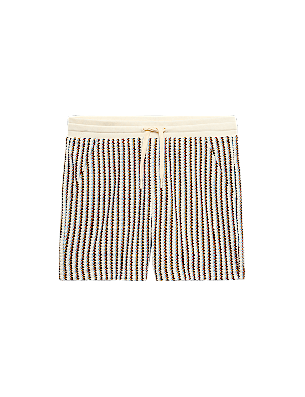 Striped Knit Textured Cotton Blend Shorts