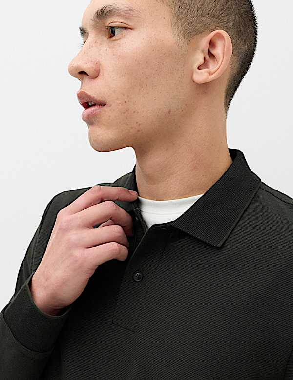 Cotton Rich Striped Long Sleeve Polo Shirt - CA