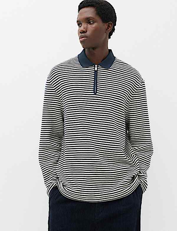 Pure Cotton Half Zip Striped Polo Shirt