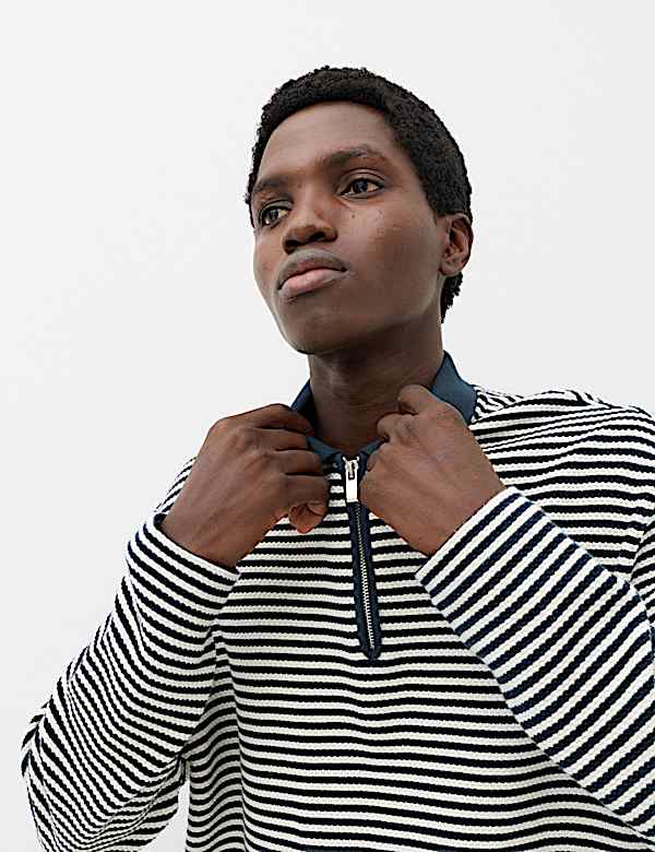 Pure Cotton Half Zip Striped Polo Shirt