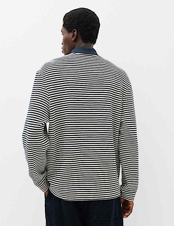 Pure Cotton Half Zip Striped Polo Shirt
