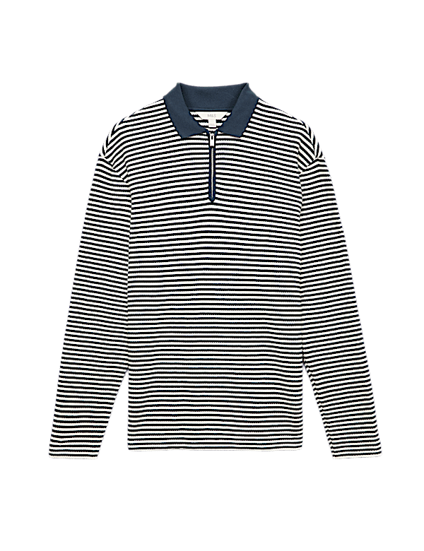 Pure Cotton Half Zip Striped Polo Shirt