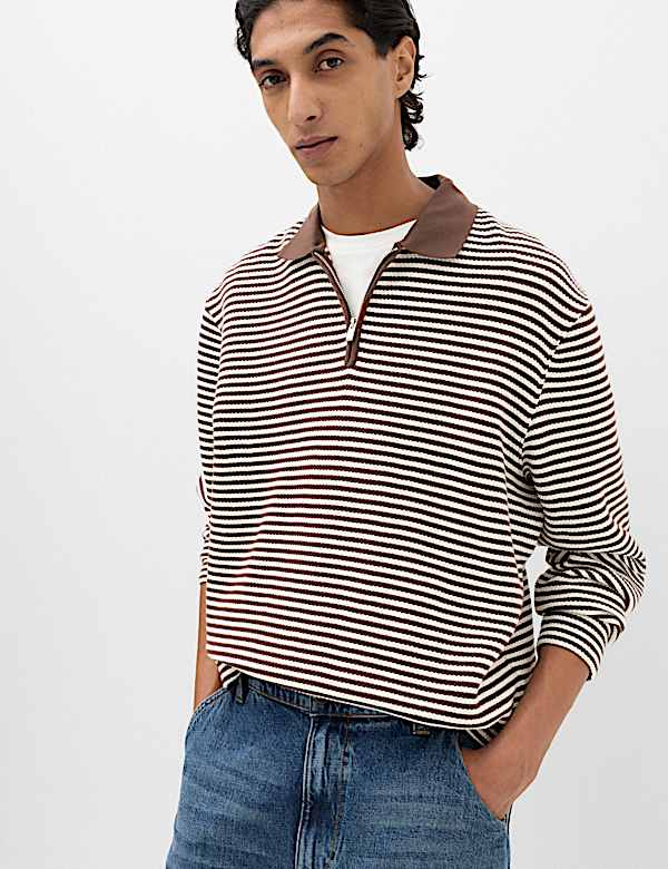 Polo de rayas 100 % algod&oacute;n con media cremallera - ES