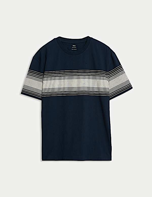 Pure Cotton Chest Stripe Crew Neck T-Shirt