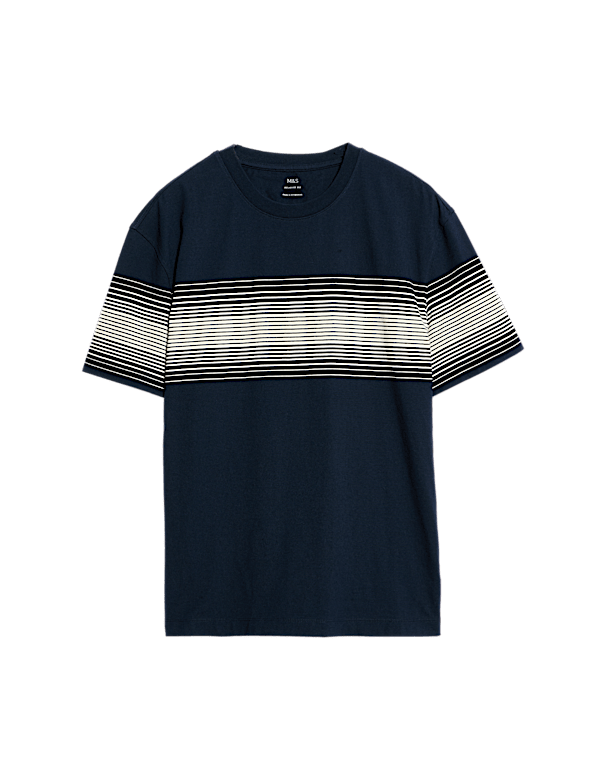 Pure Cotton Chest Stripe Crew Neck T-Shirt