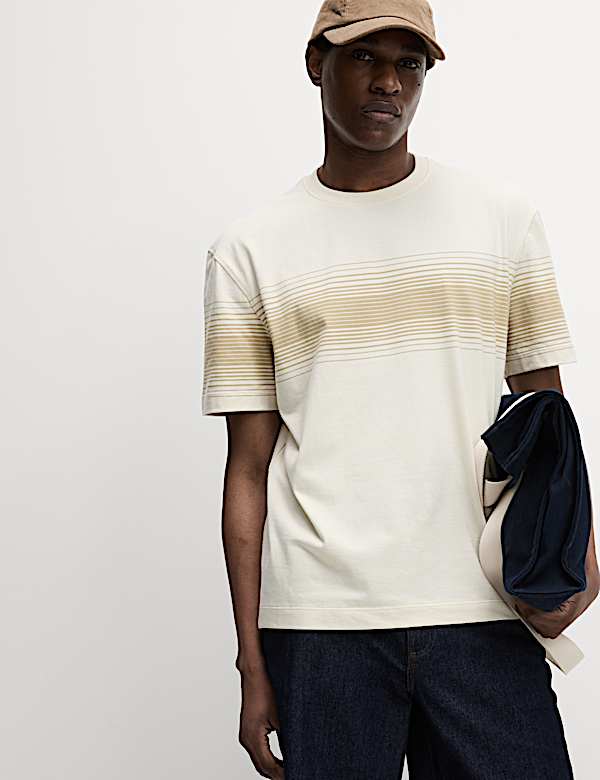 Pure Cotton Chest Stripe Crew Neck T-Shirt