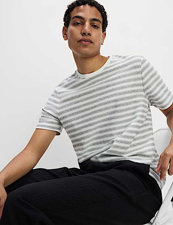 Cotton Linen Blend Striped T-Shirt - NO