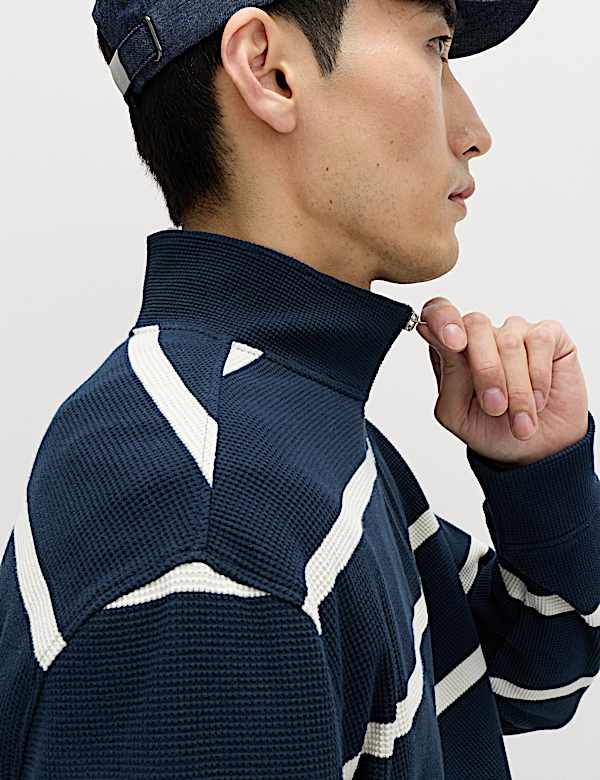 Cotton Rich Waffle Striped Half Zip Sweatshirt - AT