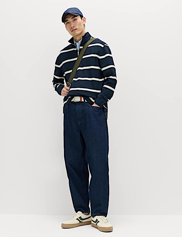 Cotton Rich Waffle Striped Half Zip Sweatshirt - AT