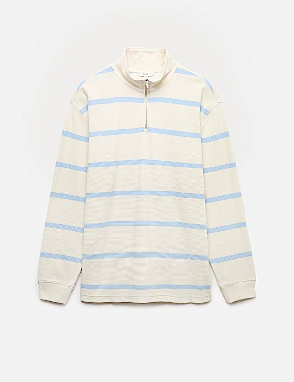 Sweat-shirt en coton gaufr&eacute; &agrave; fermeture zipp&eacute;e mi-hauteur et rayures - CA