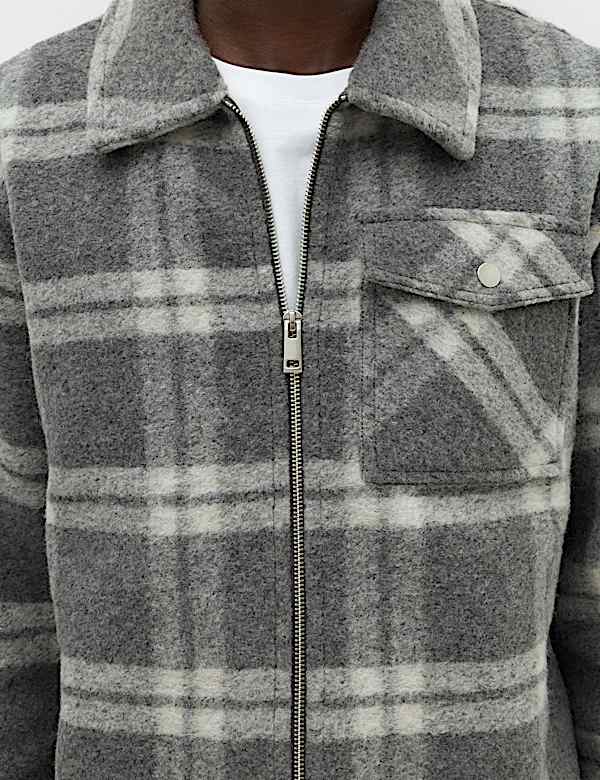 Wool Blend Fleece Check Shacket - CY