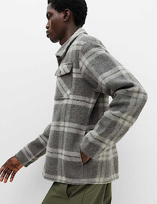 Wool Blend Fleece Check Shacket - CY
