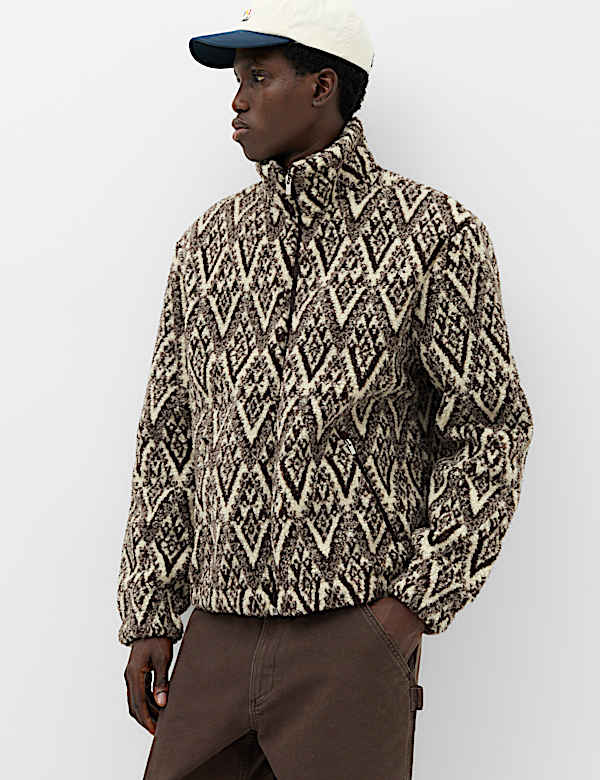 Printed Funnel Neck Fleece Jacket