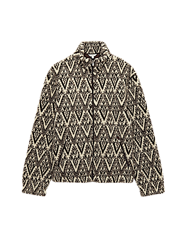 Printed Funnel Neck Fleece Jacket