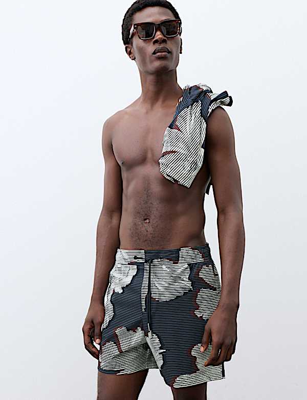 Pocketed Linear Floral Print Swim Shorts