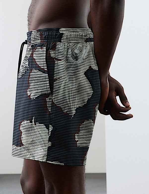 Pocketed Linear Floral Print Swim Shorts