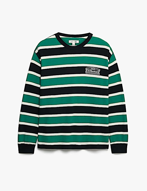 T-shirt 100 % coton gaufr&eacute; &agrave; manches longues et rayures - FR