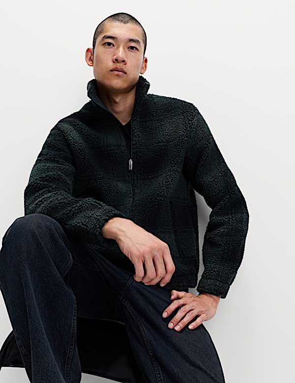 Fleece Jacquard Checked Zip Up Jacket - GR