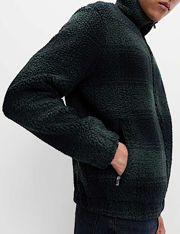 Fleece Jacquard Checked Zip Up Jacket - GR