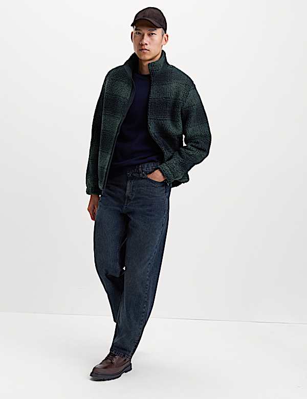 Fleece Jacquard Checked Zip Up Jacket - GR