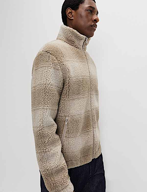 Fleece Jacquard Checked Zip Up Jacket - CA