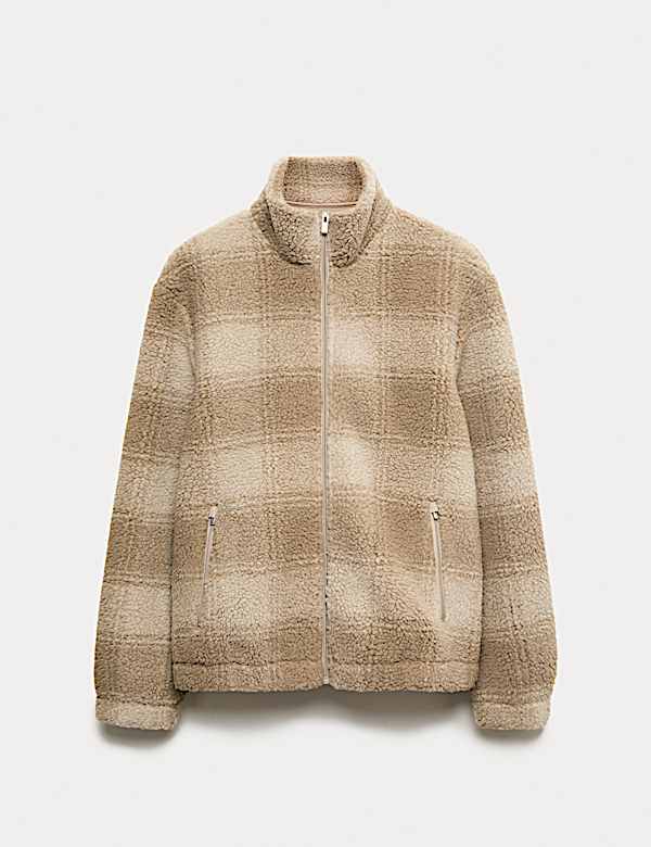 Fleece Jacquard Checked Zip Up Jacket - CA