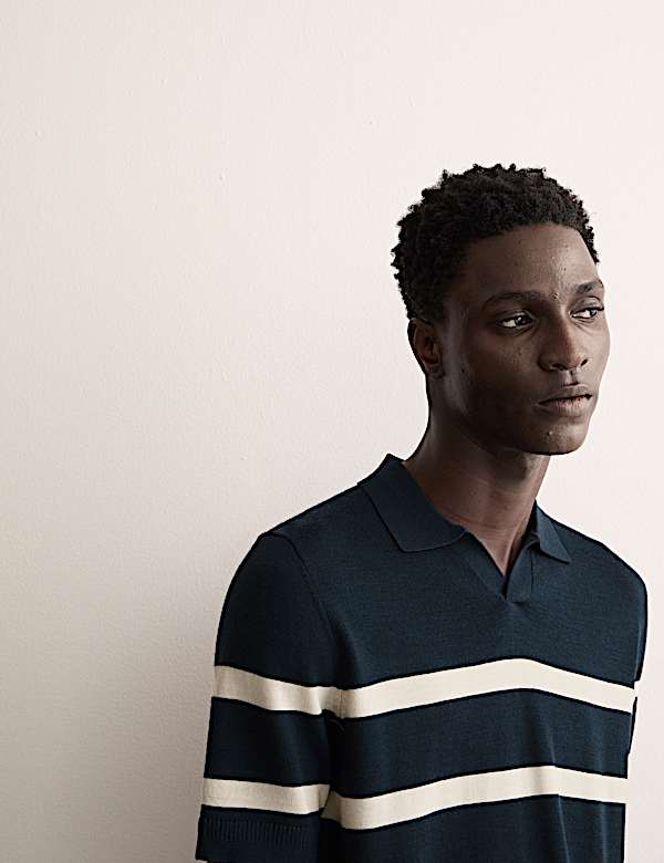 Ριγέ πλεκτή μπλούζα πόλο με υψηλή περιεκτικότητα σε μαλλί Merino και μετάξι - GR