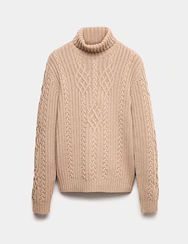 Pull en maille torsadée 100 % laine d'agneau à col roulé - FR
