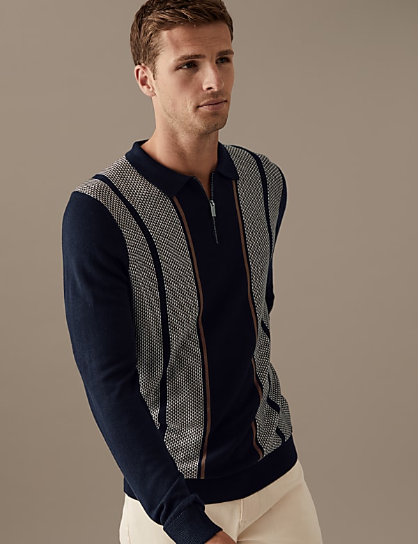 Striped Zip Neck Knitted Polo Shirt