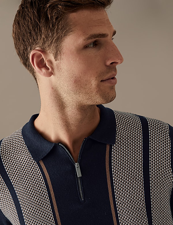 Striped Zip Neck Knitted Polo Shirt