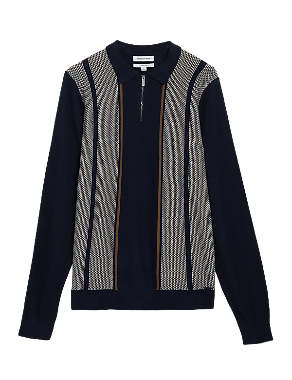 Striped Zip Neck Knitted Polo Shirt