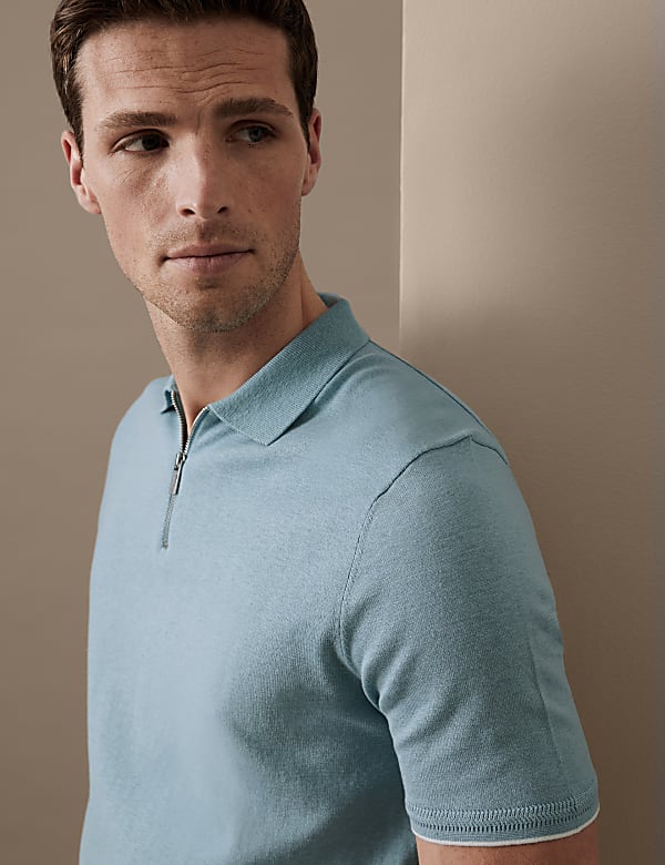 Silk Cotton Zip Neck Knitted Polo Shirt