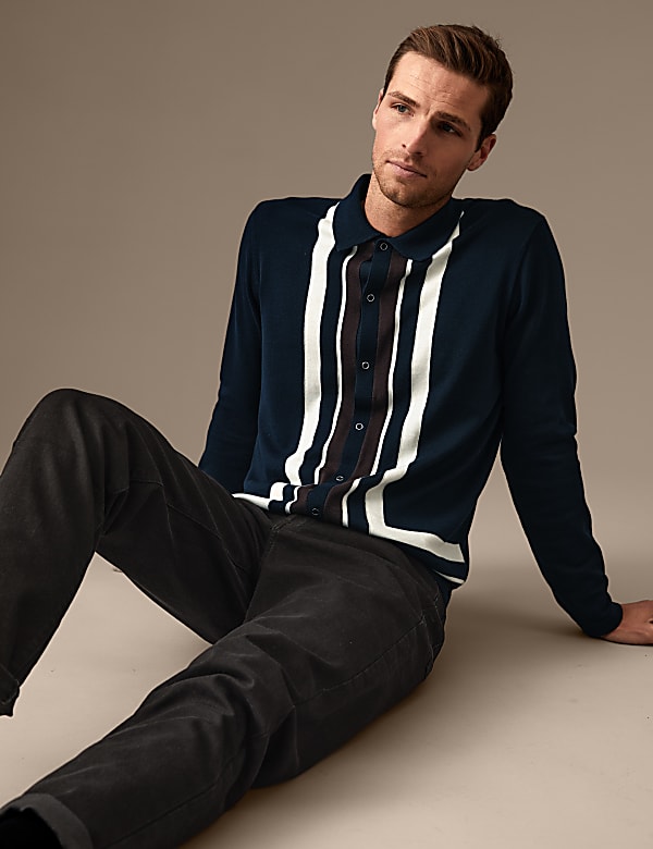 Pure Cotton Striped Knitted Polo Shirt