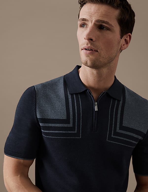 Cotton Blend Colour Block Knitted Polo Shirt